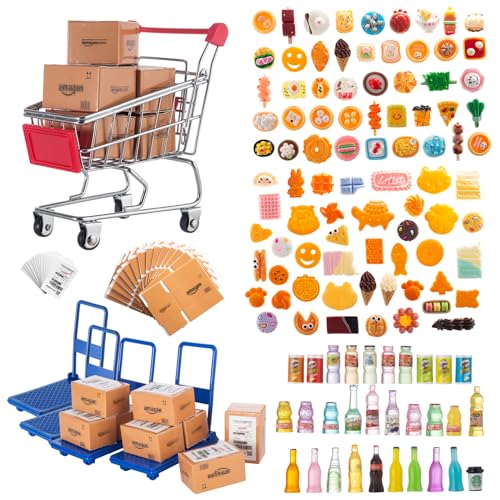 175PCS Miniature Courier Box Set Shopping Mall Shipping Boxes Mini Supermarket Handcart Models 1:12 Food Drink Bottles Cans Dollhouse Pretend Play Kitchen Game Party Accessories Toys Doll House