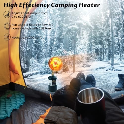 6200BTU Propane Heater with Windproof USB lighter, Gas Heater Camping, Cordless with Cylinder Stand (Fuel not included)
