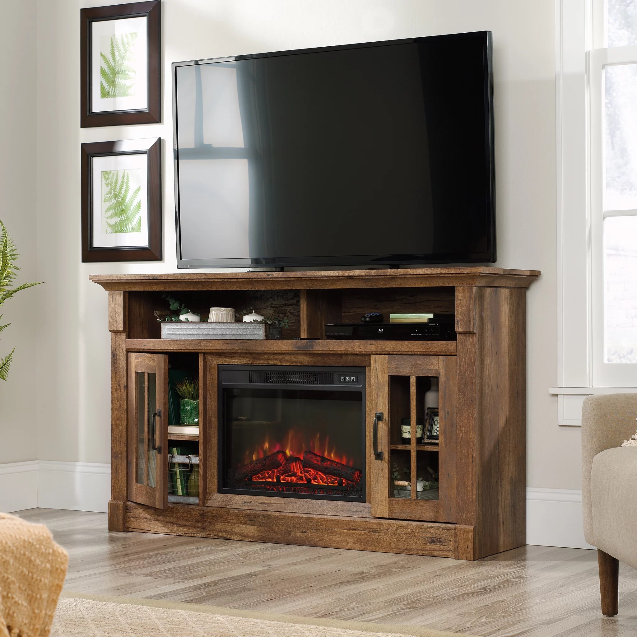 Sauder Rustic Fireplace TV Stand for TVs up to 50