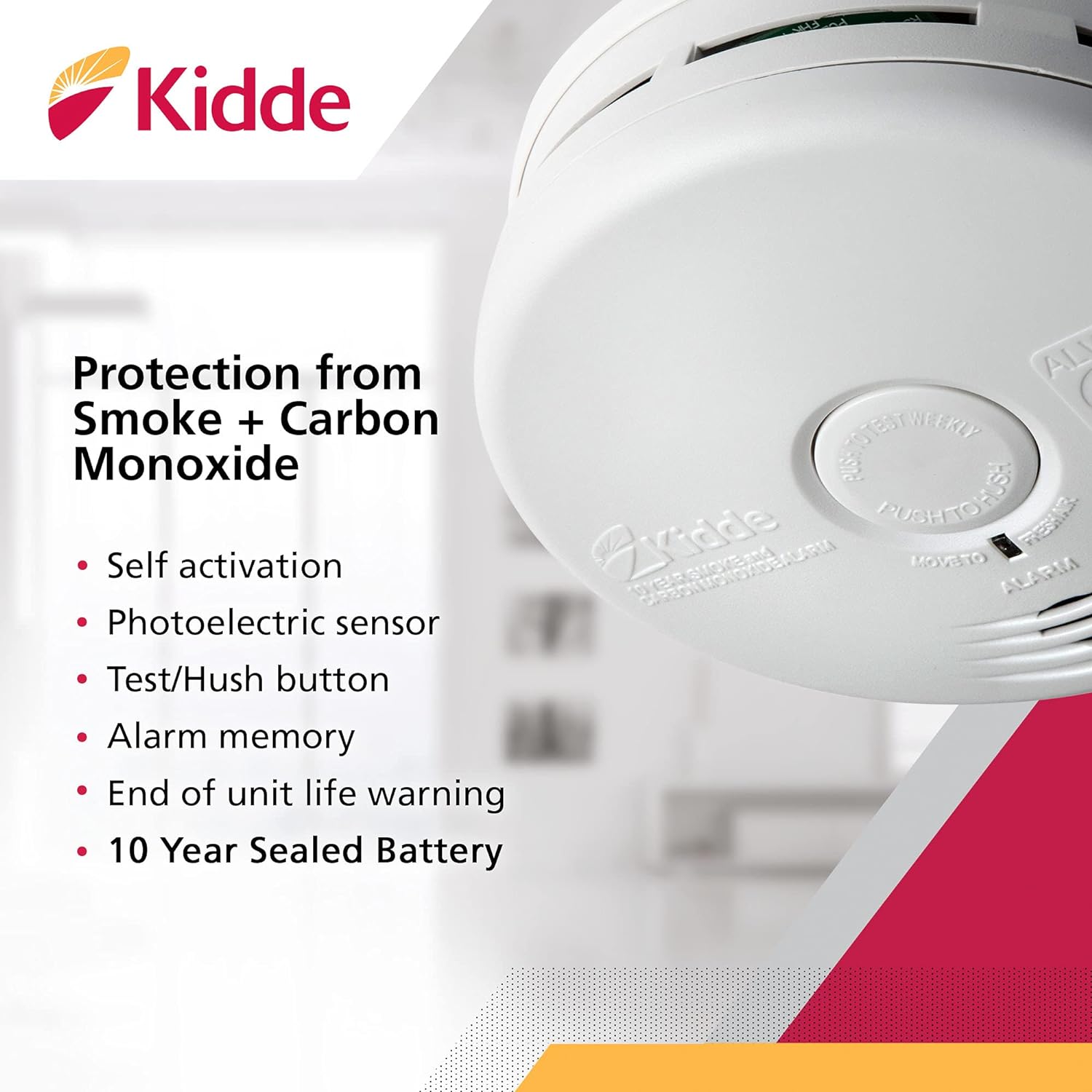 Kidde Kitchen Smoke Detector & Carbon Monoxide Detector Combo with Long-Life Lithium Battery and Smoke Detector, Long-Life Lithium Battery Powered Smoke Alarm with Hush Button