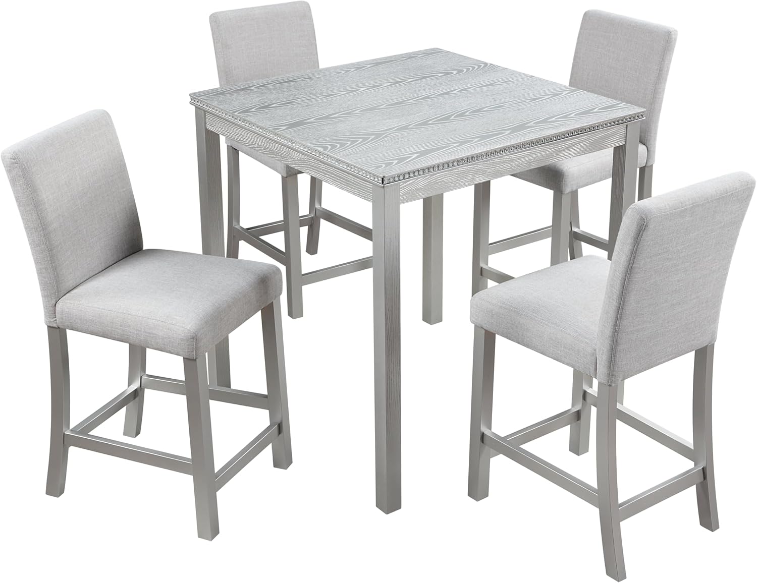 5-Piece Acacia Wood Counter Height Dining Table Set, 34.50'' Square Dining Table and 4 Upholstered-Seat Chairs, 4 Person Kitchen Dining Room Furniture Dinette Table Set, Space Saving (Grey-A2)
