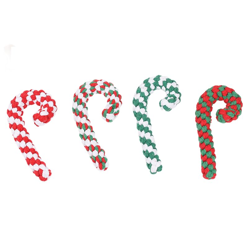 Christmas Candy Cane Dog Rope Toys, 4 Pack Braided Cotton Chew Toys, Red Green White Holiday Pet Toys, 7.8 Inch Interactive Dental Cleaning Tugs for Small Medium Large Dogs