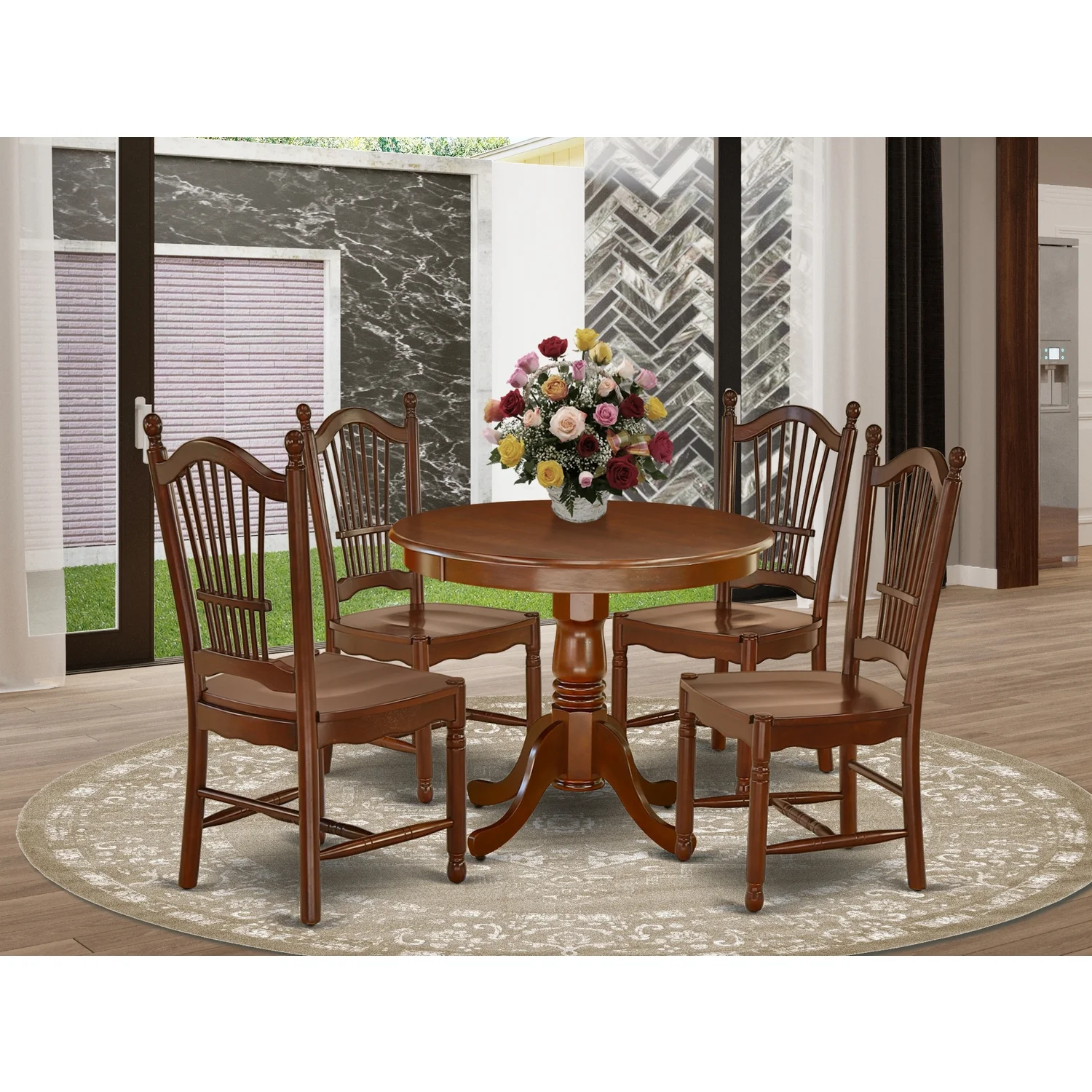 East West Furniture Antique 5-piece Wood Dining Set with Round Table in Mahogany