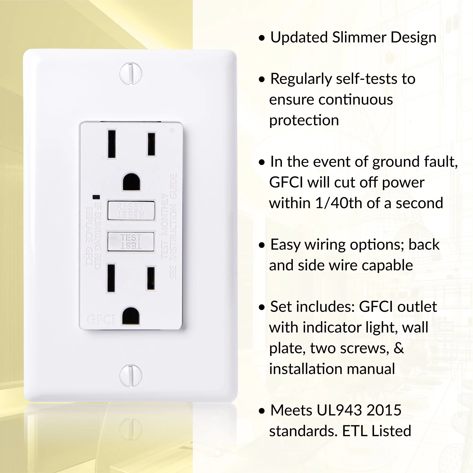 Faith 15A GFCI Outlets, Slim, Non-Tamper-Resistant GFI Duplex Receptacles with LED Indicator, Self-Test Ground Fault Circuit Interrupter with Wall Plate, ETL Listed, White, 10 Pack