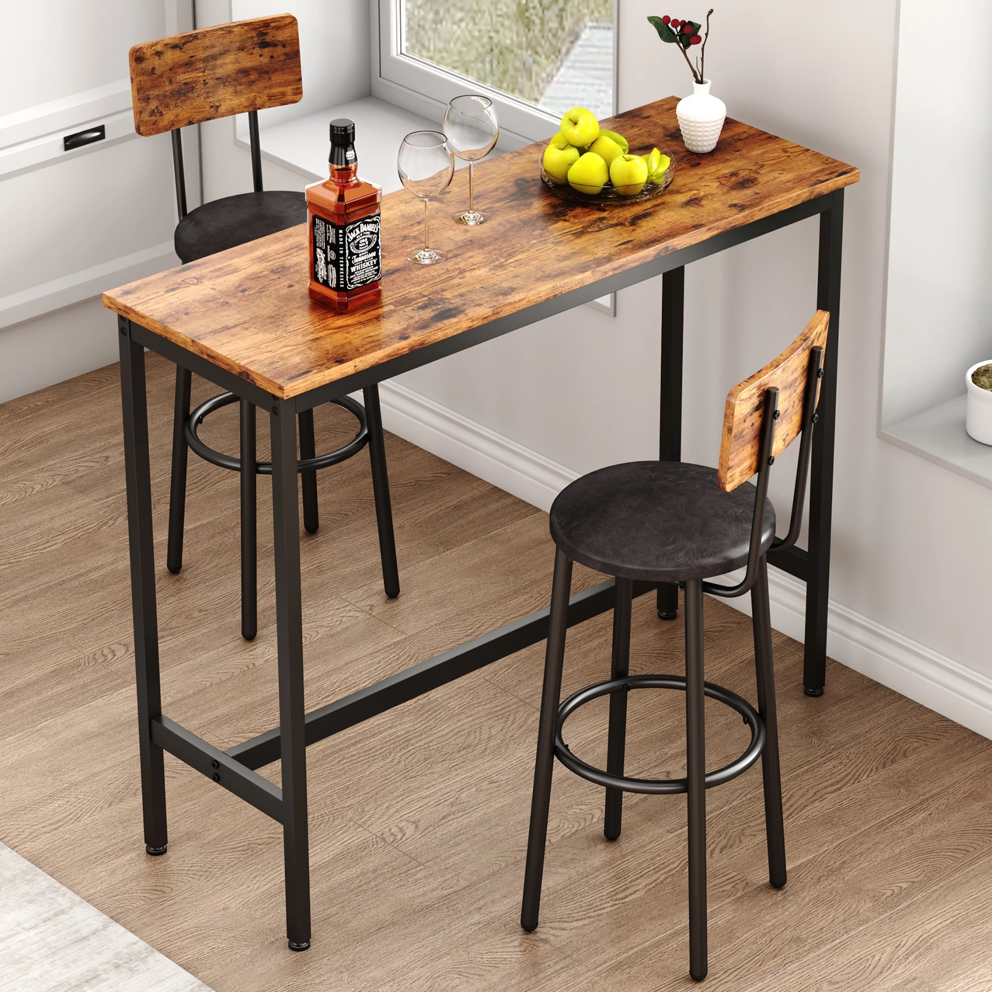 uhomepro 3 Pieces Bar Table Set, Modern Bar Table Set with 2 Stools, Home Kitchen Breakfast Table and Chairs Set Ideal for Pub, Living Room, Breakfast Nook, Easy to Assemble, Rustic Brown