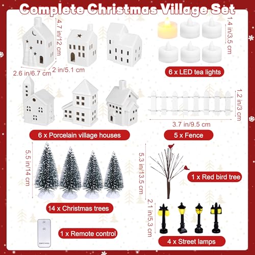 Fovths 37 Pieces Porcelain Christmas Village Sets 6 Lighted Ceramic Houses with Remote Control LED Tealights, 14 Trees, Fences, Street Lamps Winter Village Accessories for Xmas Tabletop Decor