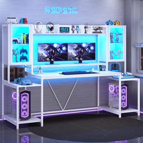 SEDETA Gaming Desk 74.8'' with LED Lights, Hutch and Storage Shelves, Computer Desk with Monitor Stand, Large PC Gamer Desk Workstation, Ergonomic Gaming Table for Bedroom, Living Room, Black
