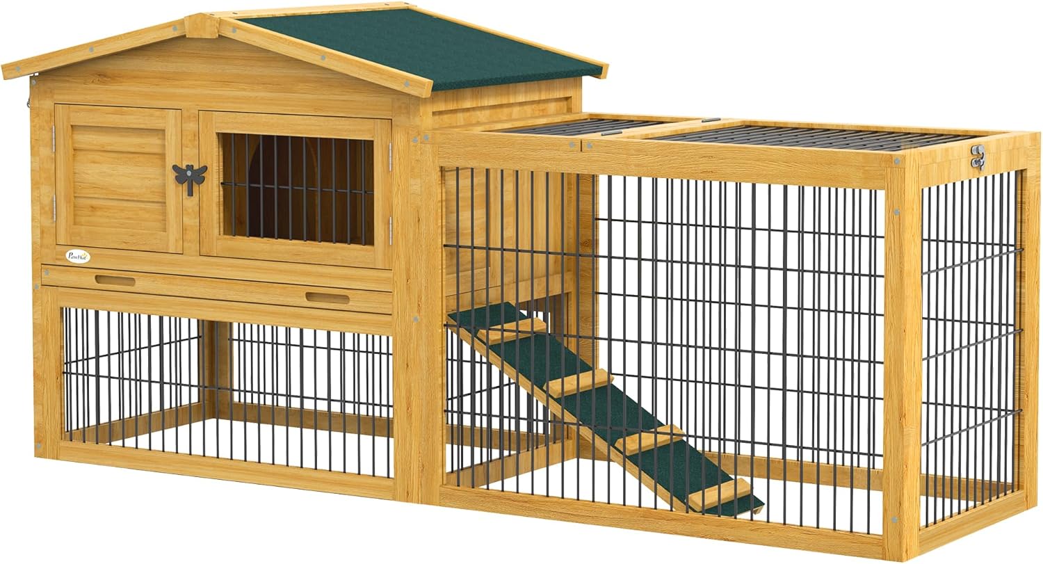 2 Levels Outdoor Rabbit Hutch with Openable Top, 59