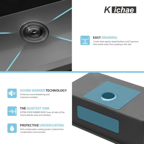 Kichae 12“ Deep Laundry Sink Undermount - 24 Inch Black Undermount Utility Sink Stainless Steel Single Bowl Under Counter Handmade Laundry Utility Room Basin