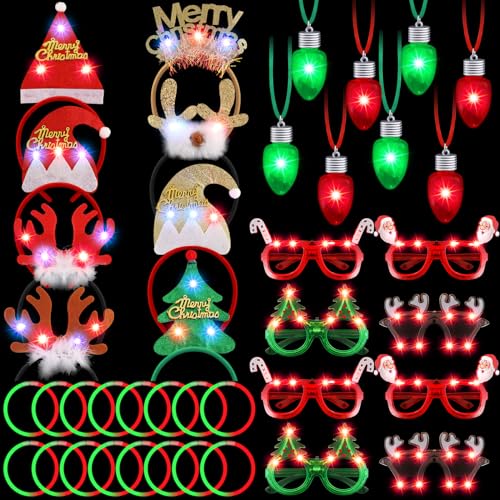 Hiboom 40 Pcs Light Up Christmas Headband Necklace Christmas Glasses Frame Fluorescent Wristbands Glowing in Dark Xmas Party Favor Set Glow Accessories for Holiday Party Favors Supplies