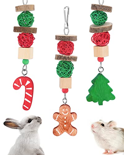 Xylolfsty Christmas Guinea Pig Toys Xmas Bunny Rabbit Toys Candy Cane Hamster Chinchilla Toys Treats for Teeth Grinding Gingerbread Christmas Tree Cage Hanging Accessories for Small Pets Gifts 3PCS