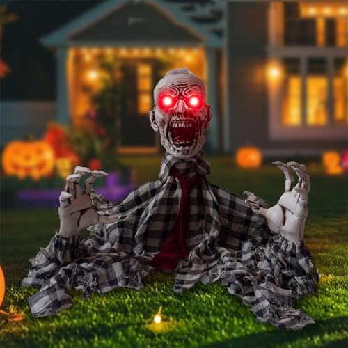 Halloween Zombie Groundbreaker Decoration,Scary Animatronics Shirt Zombie with Flash Eyes and Sounds for Outdoor Graveyard Haunted House Decor,Voice Activated Animated Swing Body Zombies Prop
