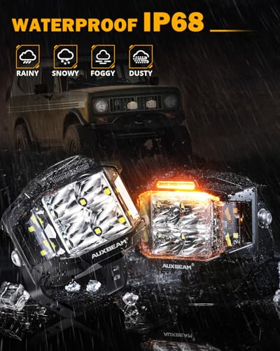 Auxbeam V-MAX Series 72W LED Pod Driving Lights, 4x2.5 Inch Rectangle Side Shooter Offroad Cube Spotlights with Amber DRL, 270° Combo Beam 6 Modes White/Amber/Yellow Auxiliary Lights with Covers