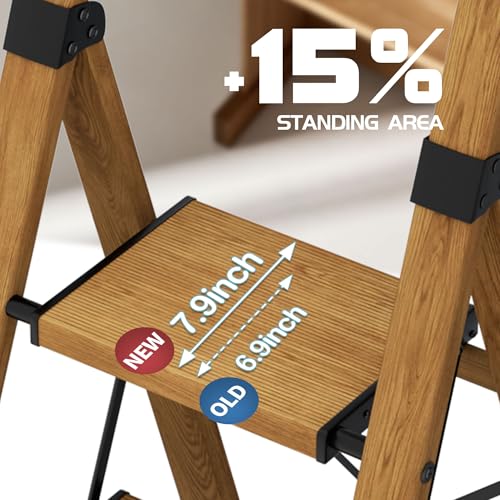 3 Step Ladder,Folding Step Stool with Aluminum Wide Pedal& Convenient Handgrip,330lbs Capacity Steel Ladder for Household and Office(Black &Woodgrain)