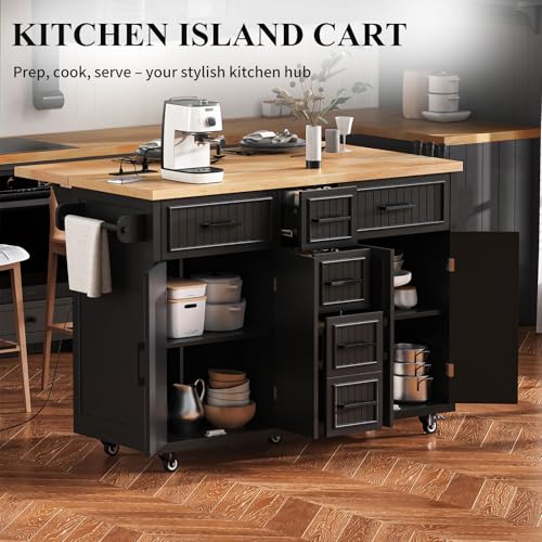 NIOIIKIT 56.5'' Kitchen Island with Drop Leaf, Rolling Trolley Island with Power Outlet (White)