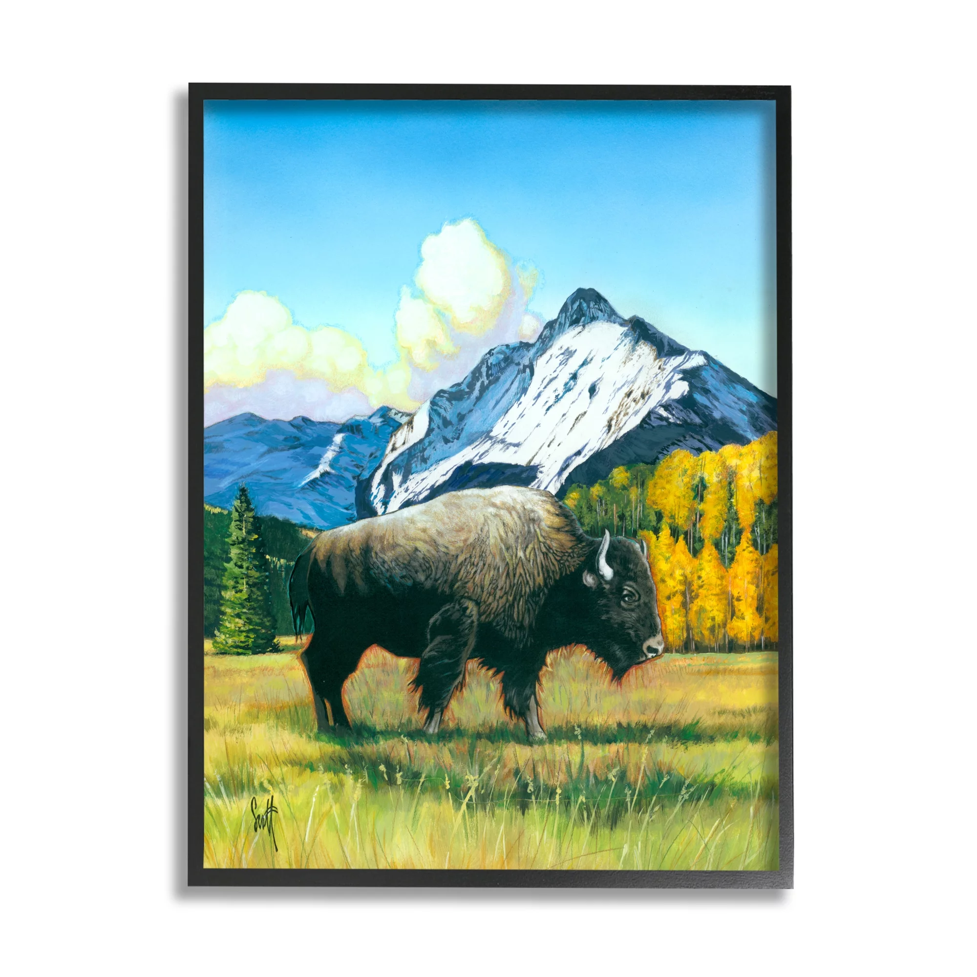 Stupell Industries Bison Rural Mountain Painting Animals & Insects Painting Black Framed Art Print Wall Art, 11 x 14