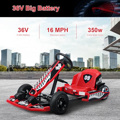Go Kart Electric Drift Kart, 36v Go Cart with Adjustable Body Length,3 Speed Mode,Fast 350w Motor,Max Load 187lbs,Max Speed 16 Mph, Crazy Cart Ride On Toy for Kids Ages 6-12