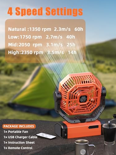 Battery Powered Fan - 9-Inch Rechargeable Fan Portable, 20000mAh(60Hrs) Camping Fans for Tent, Auto Oscillation Cordless, Tent Fans for Camping with Remote/light, 4 Speeds, 4 Timing, Outdoor