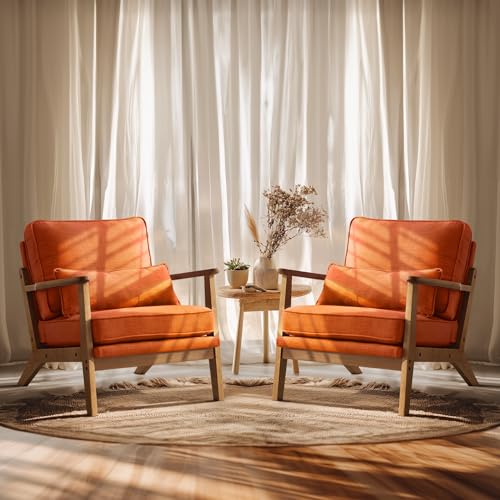 VINGLI Solid Wood Wide Armrests Accent Chair,Upholstered Mid Century Modern Chair with Pillow,Comfy Reading Chair Farmhouse Arm Chair,Chairs Living Room,Bedroom,Guest Room,Linen Fabric,Beige