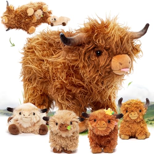 OUOZZZ Moose Stuffed Animal Christmas Plush Set – 14.5″ Large Mama Moose with 4 Baby Calves – Soft Reindeer, Elk & Deer Toy for Toddlers & Kids
