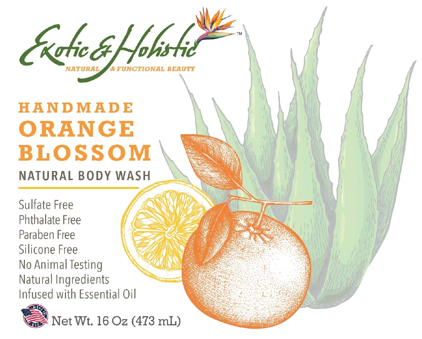 Orange Blossom and Lemon Infused with Essential Oil Natural Body Wash with Pump 16 FL, 473 mL by Exotic and Holistic