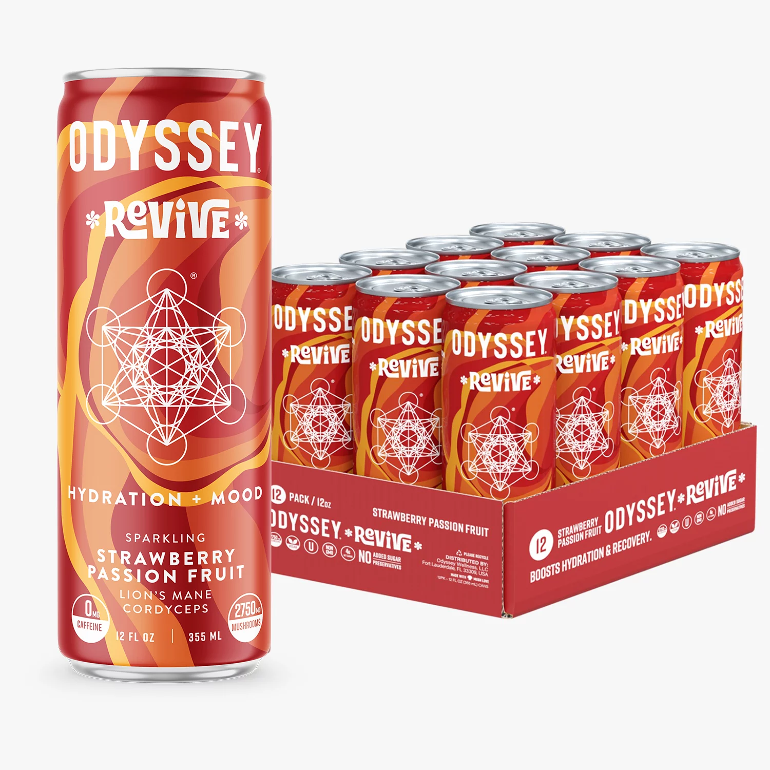 Odyssey Elixir Hydration and Focus Sparkling Mushroom Drink, Revive Strawberry Passion Fruit Flavor 12 Fl oz (Pack of 12)