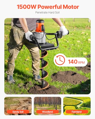 VEVOR Electric Post Hole Digger, 5.71 in Auger Bit with 1500W Powerful Motor, 140 RPM Alloy Steel Earth Auger Drill Bit with 10.24 in Extension Rod, for Post Hole Digging, Drilling & Tree Planting