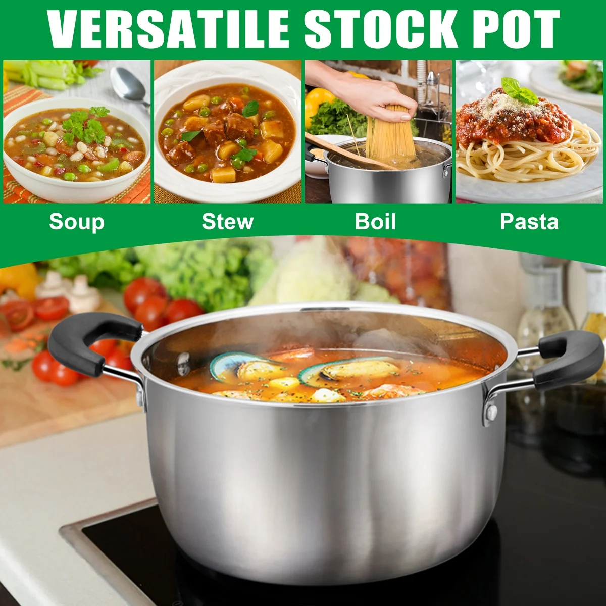 Vesteel 6 Quart Stock Pot, 18/10 Stainless Steel Metal Pasta Soup Pot with Glass Lid for Cooking, Double Heat-Proof Handles, Heavy Duty & Dishwasher Safe