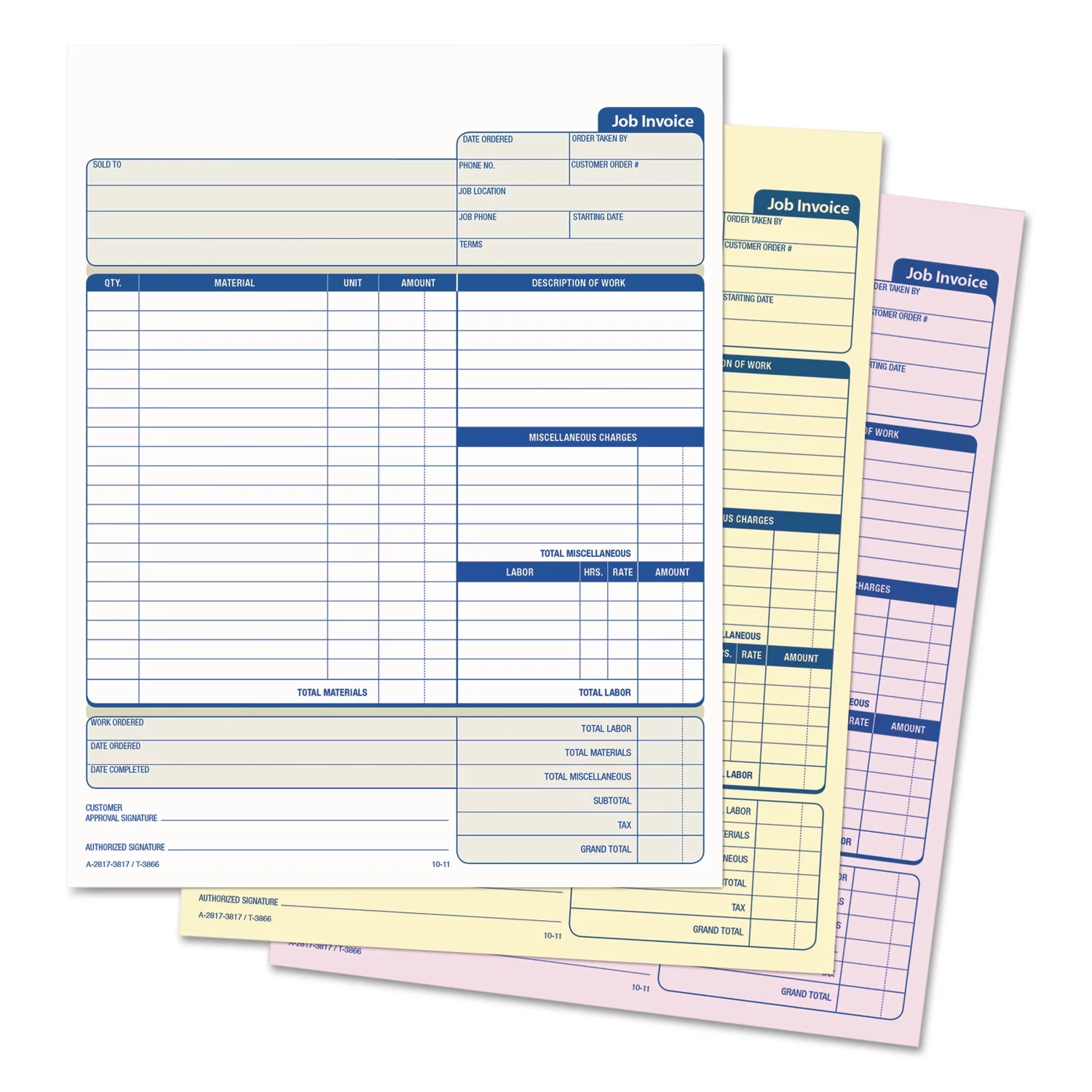 TOPS, TOP3866, Three-Part Carbonless Job Invoice Forms, 50 / Pack, White,Canary,Manila