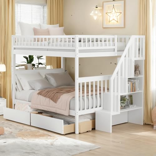 Full Over Full Bunk Beds with Trundle and Stairs Stairway Bunk Bed Frame with Storage Shelves for Kids Teens Adult, Detachable Wood Full Bunk Bed for Boys Girls Adults, White