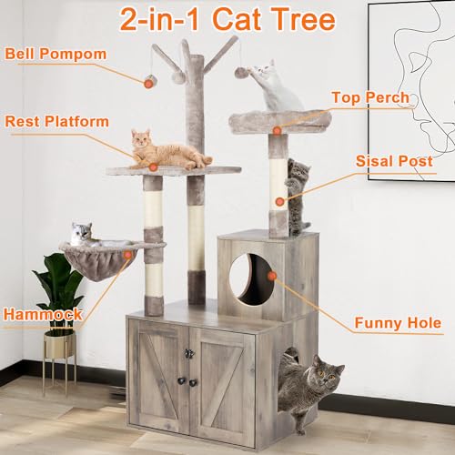 Cat Tree Tower with Litter Box Enclosure, 2-in-1 Wooden Cat Condo with Sisal Scratching Post, Hammock, Brown
