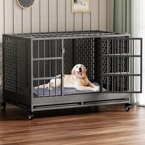 48/42/38 Inch Heavy Duty Dog Crate with Wheels, Folding Metal Big Dog Cage for Large and Medium Dogs, Extra Large XL XXL Indestructible Dog Crate with Removable Tray.