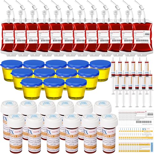 84 Pcs Halloween Blood Bags Party Supplies Empty Pill Bottle Blood Bag Specimen Cup Urine Sample Jar 20 ml Plastic Syringe with Sticky Label for Halloween Vampire Nurse Decoration Supplies
