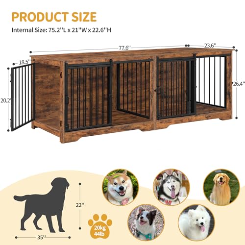 78 Inch Dog Cage Furniture for 2 Dogs, Extra Large Breed Double Dog Crate Furniture, XXL Thick Wooden TV Stand, Dog Kennel Furniture with Divider, End Side Table, Anti-Chew, Rustic Brown