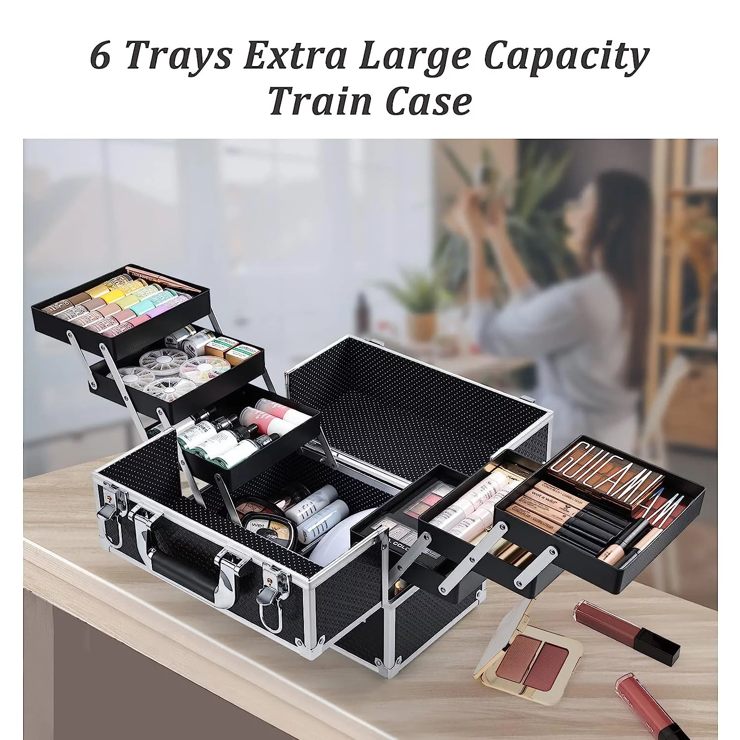 6 Trays Makeup Train Case Extra Large Cosmetic Box Makeup Organizer Case, Black