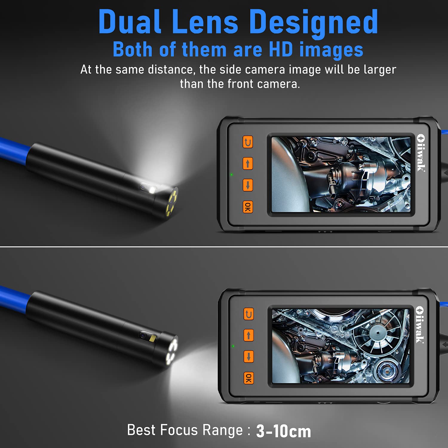 33FT Dual Lens Industrial Endoscope Camera Snake, Oiiwak 1080P Borescope Inspection Camera with 7 LED Lights 4.3 IPS Screen IP68 Waterproof Sewer Camera Probe for Air Duct Pipe Line Drain Plumbing