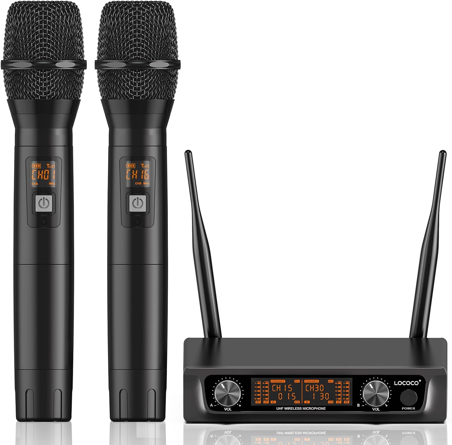 Metal Dual Wireless Microphone Systems: UHF Cordless Dynamic Karaoke Mic Handheld Set, Auto Connect - Long Transmission Range 200ft with Receiver for Home KTV, DJ Party, Church, Wedding, Speech.