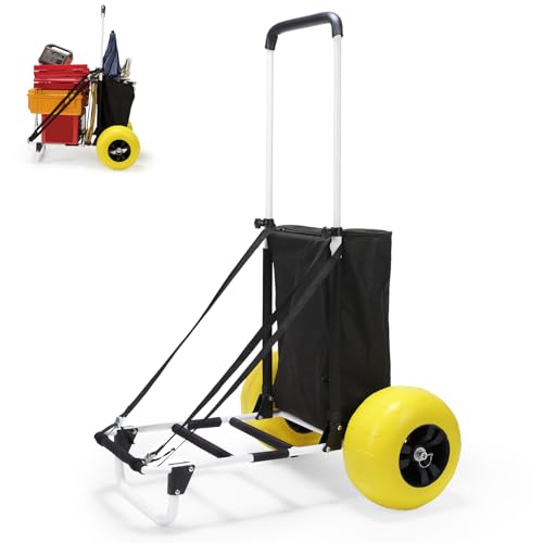 Beach Fishing Cart, 13” Big Balloon Wheels w/Flat-Free Solid PU Tires for Sands, 165LBS Loading Folding Sand Cart & 33.1
