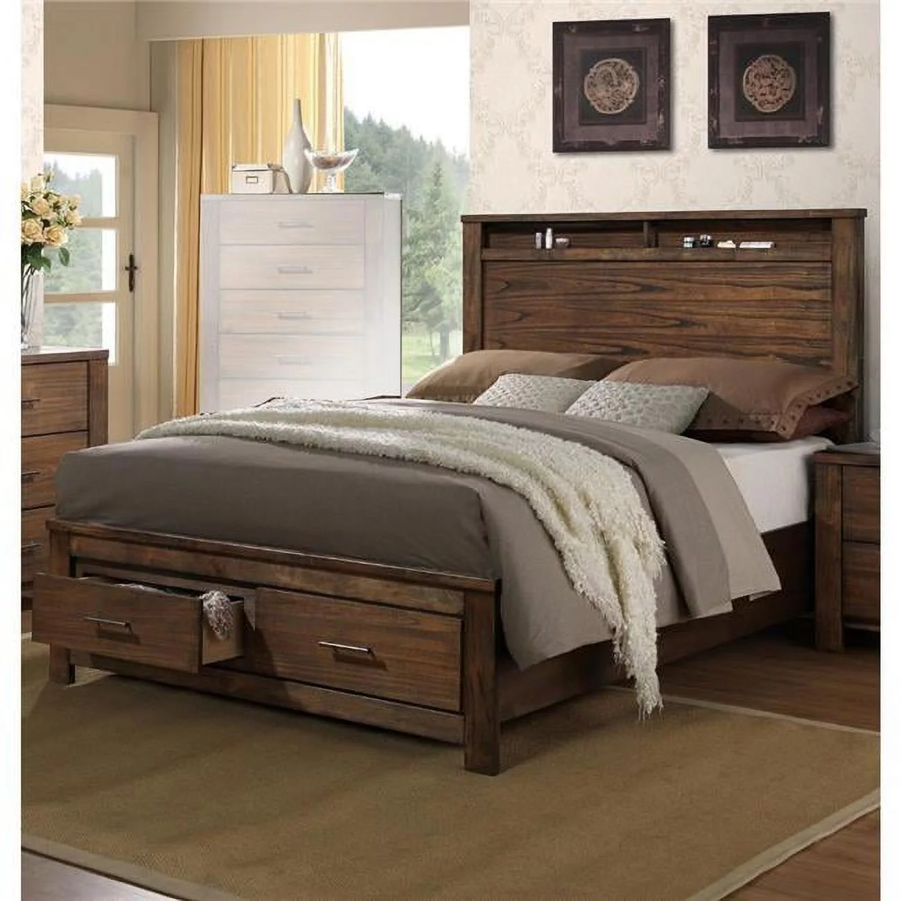 Benzara BM168618 56 x 62 x 82 in. Wooden Queen Size Bed with Display & Storage Drawers, Oak