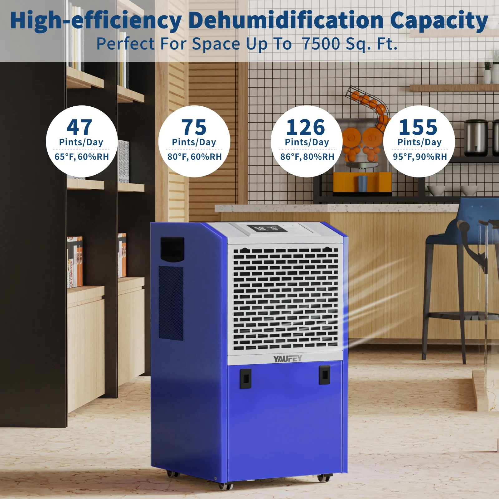 Yaufey Commercial Dehumidifier 155 Pint, with drain Hose for Crawl Spaces, Large Basements, Industry Water Damage Unit, Compact, Portable, Auto Defrost, Memory Starting