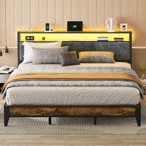 OLEVS Full Bed Frame with Headboard, Metal Platform Bed Full Size with 2-Tier Storage, LED Light & Charging Station Type C, No Box Spring Needed