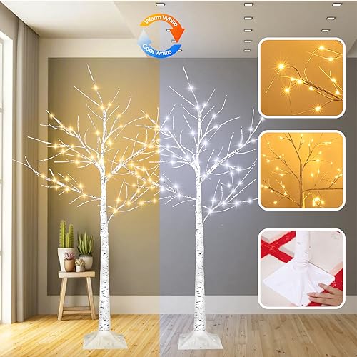 Albelt 2-Pack 4FT Lighted Birch Tree, Birch Christmas Tree for Indoor & Outdoor, Upgraded 96 LED Birch Tree Lights for Outdoor Christmas Decorations Indoor Home Thanksgiving (Warm White & Cool White)