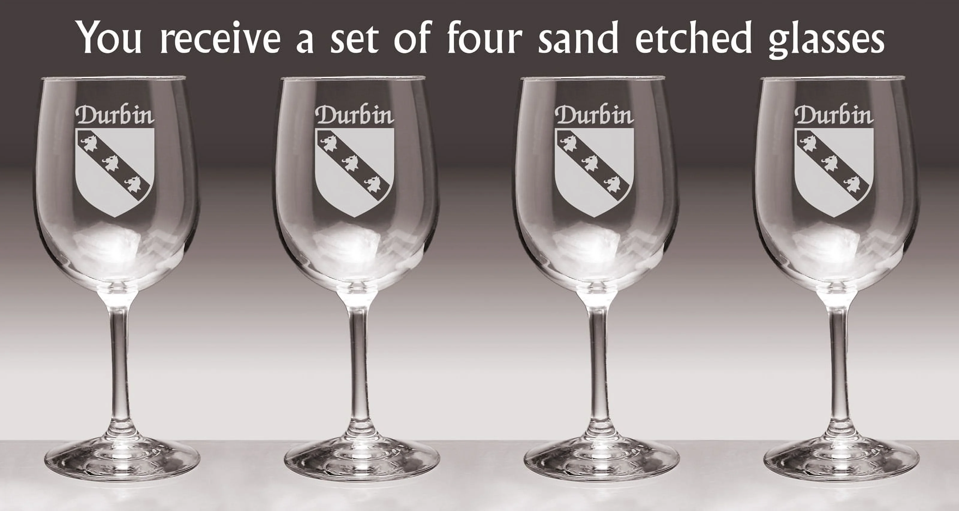 Durbin Irish Coat of Arms Wine Glasses - Set of 4 (Sand Etched)
