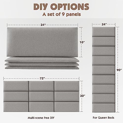 Upholstered Wall Mounted Headboard, 3D Soundproof Wall Panels Peel and Stick Floating Headboard Full Size Bed, Boho Dorm Tufted Bed Headboard in Gray (6 Panels, 10