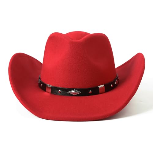 Lanzom Women Men Classic Felt Wide Brim Western Cowboy Cowgirl Hat with Belt Buckle