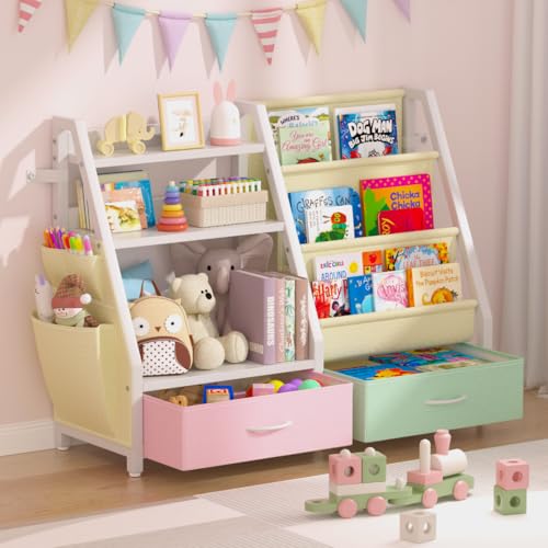 Kids Bookshelf and Toy Organizer, Sturdy 3 Tier Kids Bookcase, Sling Bookshelf and 2 Toy Bins, Toddler Montessori Book Shelf with Toy Storage Organizer for Children Room, Playroom, Nursery