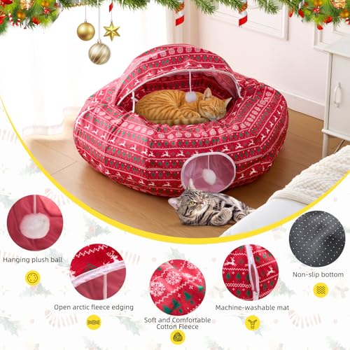 Christmas Tree Cat Tunnel Bed-Christmas Cat Donut Tunnel with Christmas Tree Skirt, Multifunctional Round Pet Cave Toy Suitable for Kittens/Puppies/Rabbits/Ferret(Tent Design)