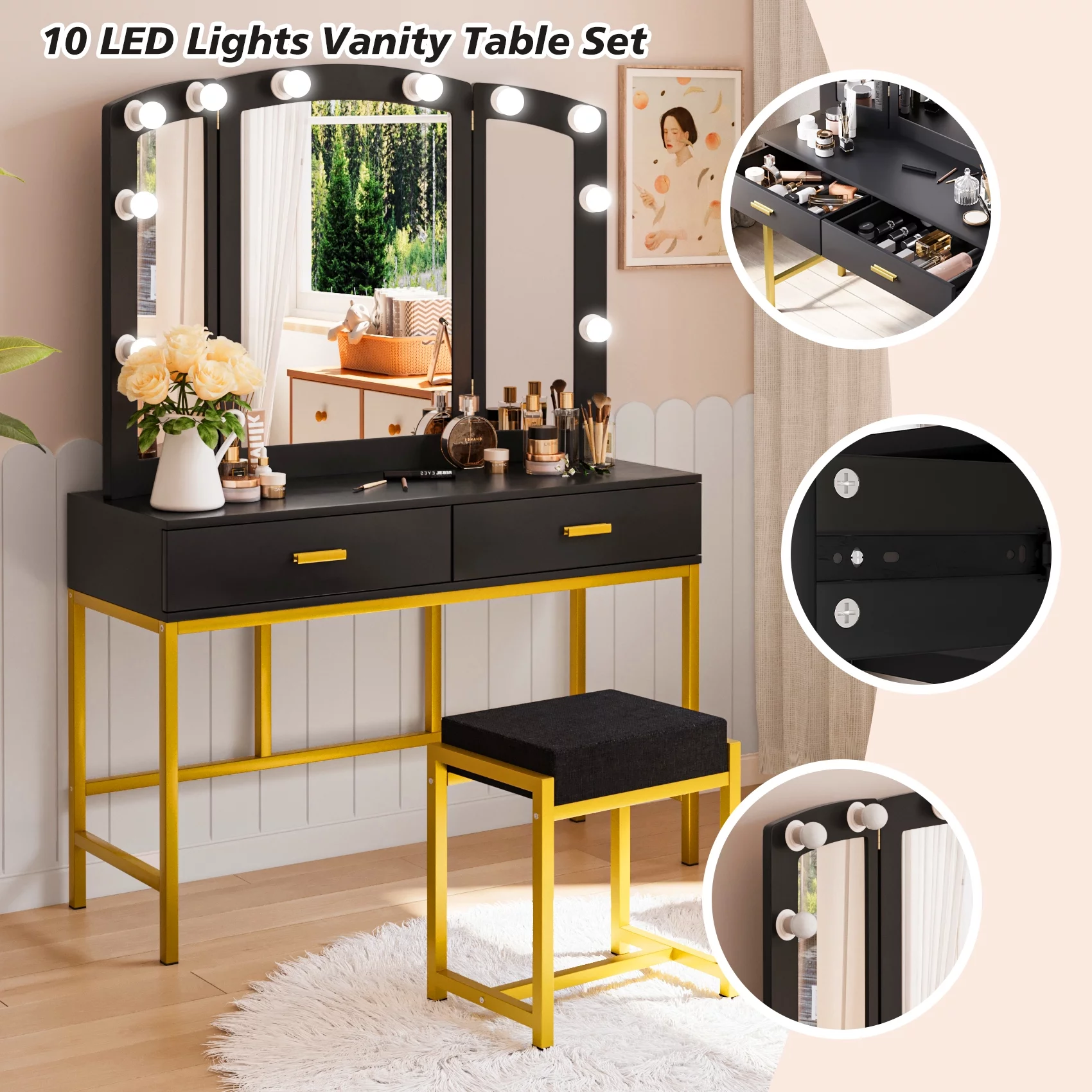 Semiocthome Vanity Table with 10 Led Lights, Makeup Desk with Lighted Mirror,Modern Dresser for Bedroom Black Finish