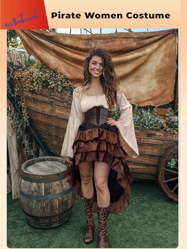 Verceco Pirate Costume Women Outfit with Renaissance Pirate Shirt Skirt Corset Waist Belt Womens Halloween Pirate Costumes (Beige+Brown, L)