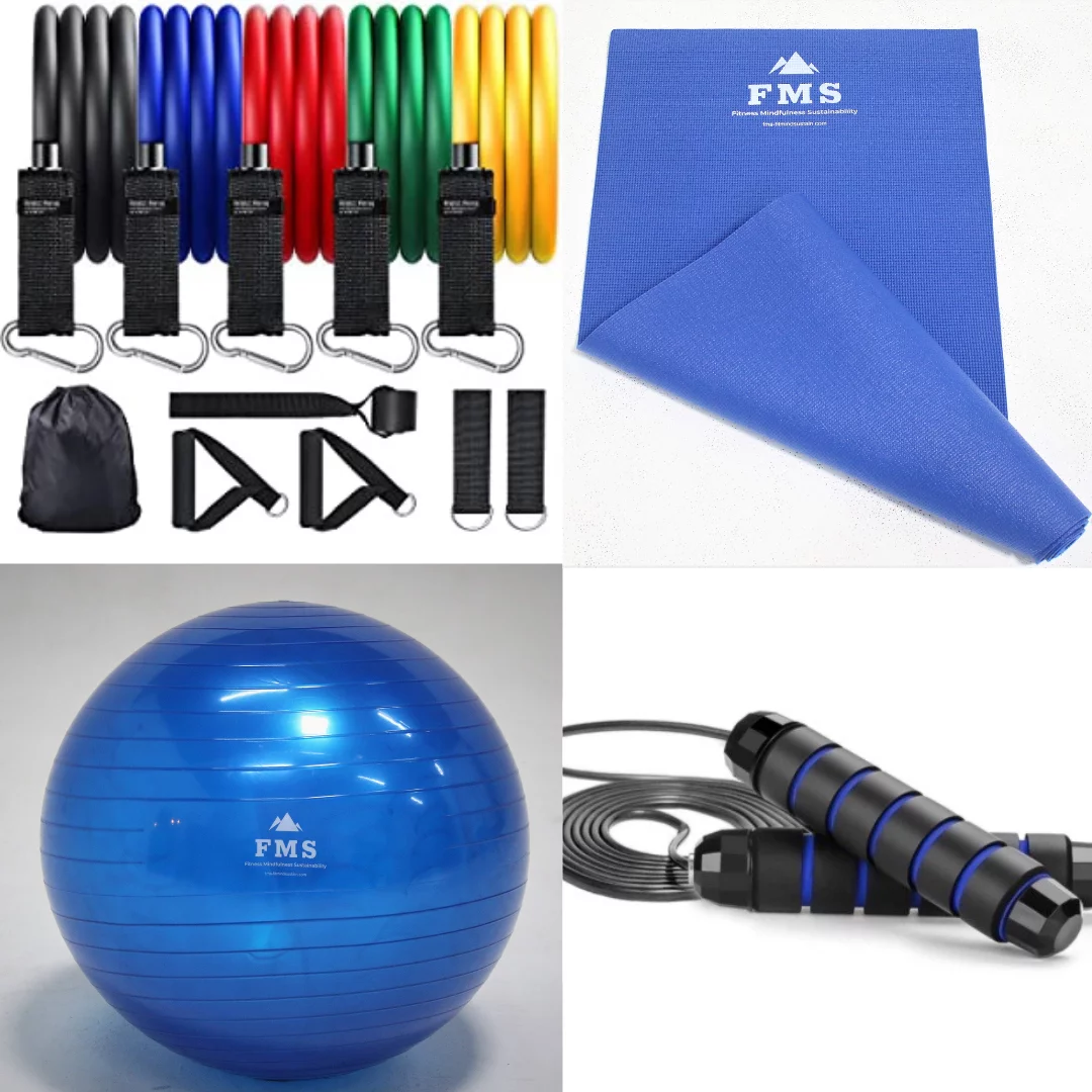 FIMISU Portable Home Gym Set - Includes - 11pc Resistance Band Set, 65cm Stability Ball, & 24